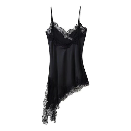 Sexy Lace Patchwork Sling Dress Women Satin Off-shoulder Sleeveless See Through Short Dresses Lady Casual Summer Party Gowns by Gilded Grace