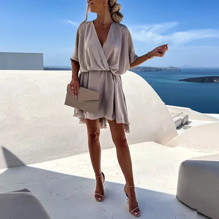 Sexy V Neck Dresses For Women Elegant Short Sleeve Solid A-line Loose Mini Dress Women Casual Beach Party Dress Boho 2022 by Gilded Grace