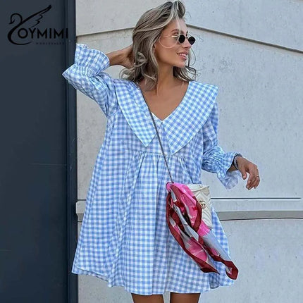 Oymimi Elegant Blue Cotton Dresses 2024 Women Fashion Print Three Quarter Sleeve Looes Dresses Casual New Pleated Mini Dress by Gilded Grace