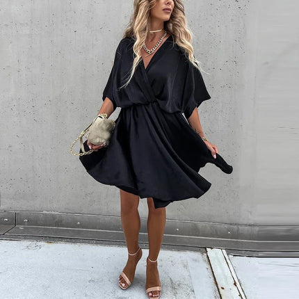 Sexy V Neck Dresses For Women Elegant Short Sleeve Solid A-line Loose Mini Dress Women Casual Beach Party Dress Boho 2022 by Gilded Grace