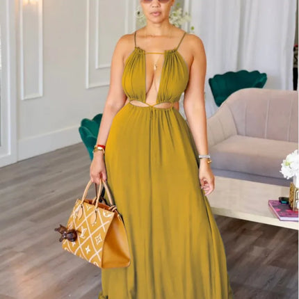 2025 Women's Dress Summer Holiday Solid Long Dresses Sexy Drawstring Lace Up Sleeveless Vestidos Para Mujer Club Party Outfits by Gilded Grace