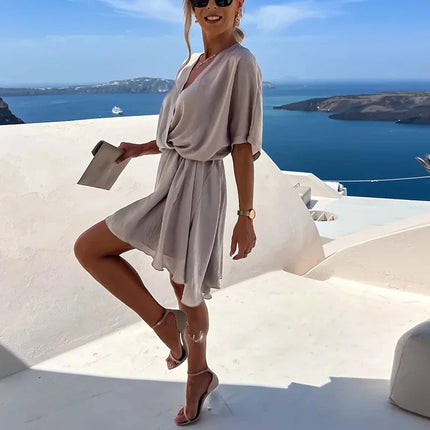 Sexy V Neck Dresses For Women Elegant Short Sleeve Solid A-line Loose Mini Dress Women Casual Beach Party Dress Boho 2022 by Gilded Grace