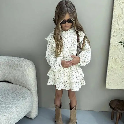 4478-1 Children Clothing Set INS Russian Girl's Dress Autumn Floral Lace Shirt+Cake Skirt Two-piece Set by Gilded Grace