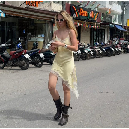 Sexy Lace Patchwork Sling Dress Women Satin Off-shoulder Sleeveless See Through Short Dresses Lady Casual Summer Party Gowns by Gilded Grace