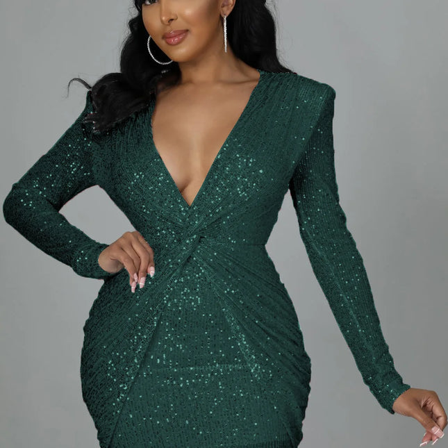 Elegant Party Dresses for Women 2025 Sequin V-neck Pleated Slim Sexy Dress by Gilded Grace