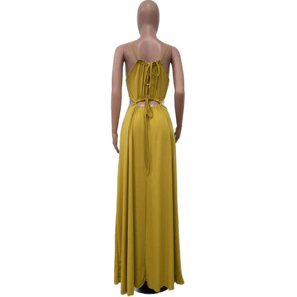 2025 Women's Dress Summer Holiday Solid Long Dresses Sexy Drawstring Lace Up Sleeveless Vestidos Para Mujer Club Party Outfits by Gilded Grace