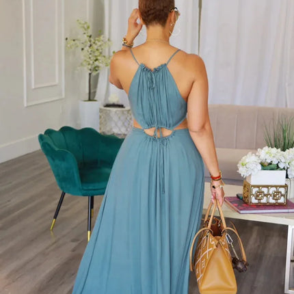 2025 Women's Dress Summer Holiday Solid Long Dresses Sexy Drawstring Lace Up Sleeveless Vestidos Para Mujer Club Party Outfits by Gilded Grace