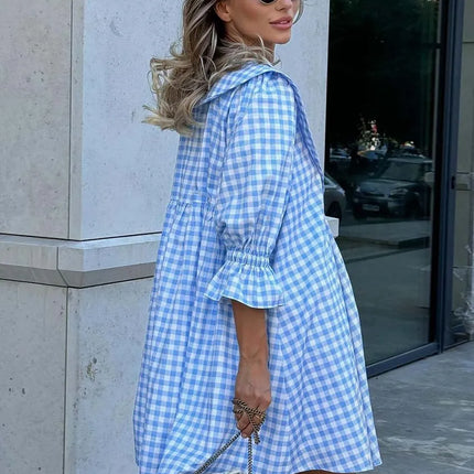 Oymimi Elegant Blue Cotton Dresses 2024 Women Fashion Print Three Quarter Sleeve Looes Dresses Casual New Pleated Mini Dress by Gilded Grace