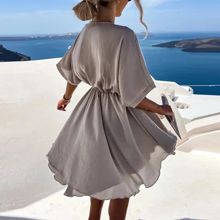 Sexy V Neck Dresses For Women Elegant Short Sleeve Solid A-line Loose Mini Dress Women Casual Beach Party Dress Boho 2022 by Gilded Grace