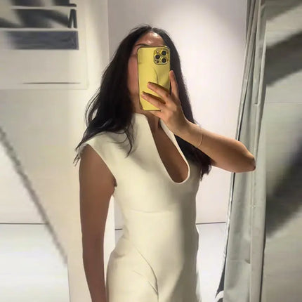 Elegant Slim Women's Dress Stand Collar Hollow Out Sleeveless Waist-Closed Lady Mini Dresses 2026 Spring Summer Female Robe by Gilded Grace