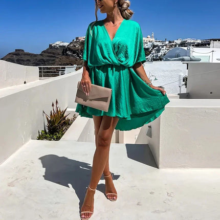 Sexy V Neck Dresses For Women Elegant Short Sleeve Solid A-line Loose Mini Dress Women Casual Beach Party Dress Boho 2022 by Gilded Grace