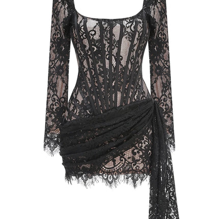 Women's Sexy Strapless Lace Corset Mini Dress Sleeveless Lace-up Adjusted Draped Black Bodycon Dresses Elegant Party Club Gowns by Gilded Grace
