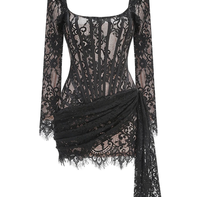 Women's Sexy Strapless Lace Corset Mini Dress Sleeveless Lace-up Adjusted Draped Black Bodycon Dresses Elegant Party Club Gowns by Gilded Grace