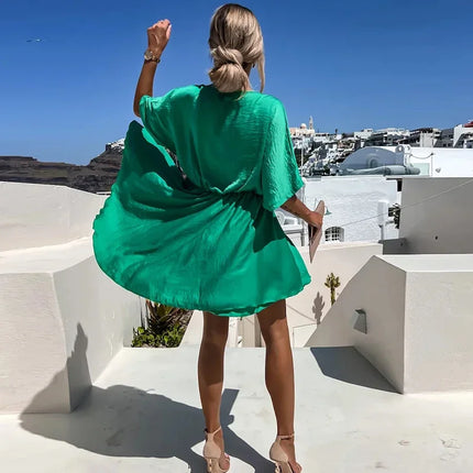 Sexy V Neck Dresses For Women Elegant Short Sleeve Solid A-line Loose Mini Dress Women Casual Beach Party Dress Boho 2022 by Gilded Grace