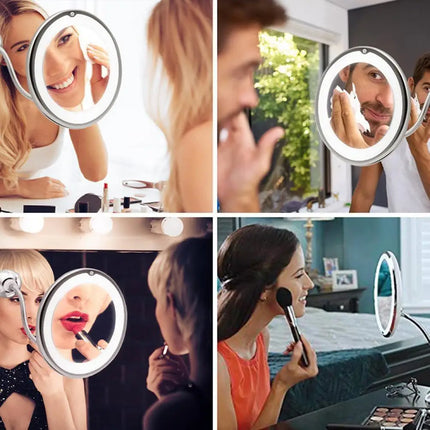 Flexible Gooseneck Makeup Mirror with LED Light 10X Magnifying Mirror Suction Cup Bright Diffused Light And 360 Degree Swivel by Gilded Grace