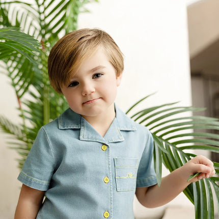 Ali Co SS26 Blue Denim collection Cotton boys girls outfits dress skirt shirt and overalls by Gilded Grace