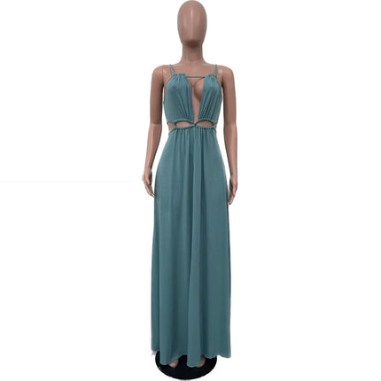 2025 Women's Dress Summer Holiday Solid Long Dresses Sexy Drawstring Lace Up Sleeveless Vestidos Para Mujer Club Party Outfits by Gilded Grace
