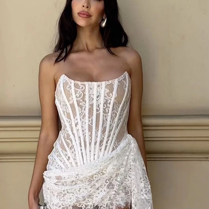 Women's Sexy Strapless Lace Corset Mini Dress Sleeveless Lace-up Adjusted Draped Black Bodycon Dresses Elegant Party Club Gowns by Gilded Grace