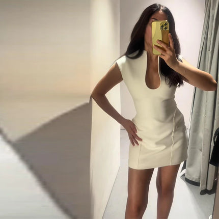 Elegant Slim Women's Dress Stand Collar Hollow Out Sleeveless Waist-Closed Lady Mini Dresses 2026 Spring Summer Female Robe by Gilded Grace