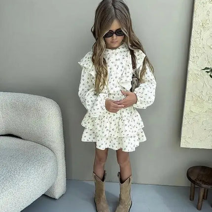 4478-1 Children Clothing Set INS Russian Girl's Dress Autumn Floral Lace Shirt+Cake Skirt Two-piece Set by Gilded Grace