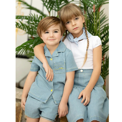 Ali Co SS26 Blue Denim collection Cotton boys girls outfits dress skirt shirt and overalls by Gilded Grace