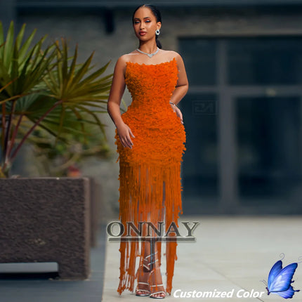 Customized Trendy Tassel Prom Dresses Pearls Strapless Beadings for Women Kuwait Saudi Arabric Gala Bespoke Vestidos De Fiesta by Gilded Grace