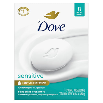 Dove Sensitive Skin Beauty Bar Soap, Fragrance-Free and Hypoallergenic, 8 Bars (3.75 Oz Each)