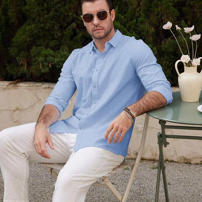 Mens Summer Casual Long Sleeve Cotton Linen Shirts Button up Solid Plain Roll-Up Sleeve Beach T Shirts