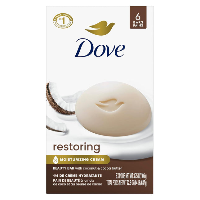 Dove Beauty Bar Soap with Restoring Coconut and Cocoa Butter, 6 Count, 3.75 Oz - Nourishing Formula for Revitalized Skin