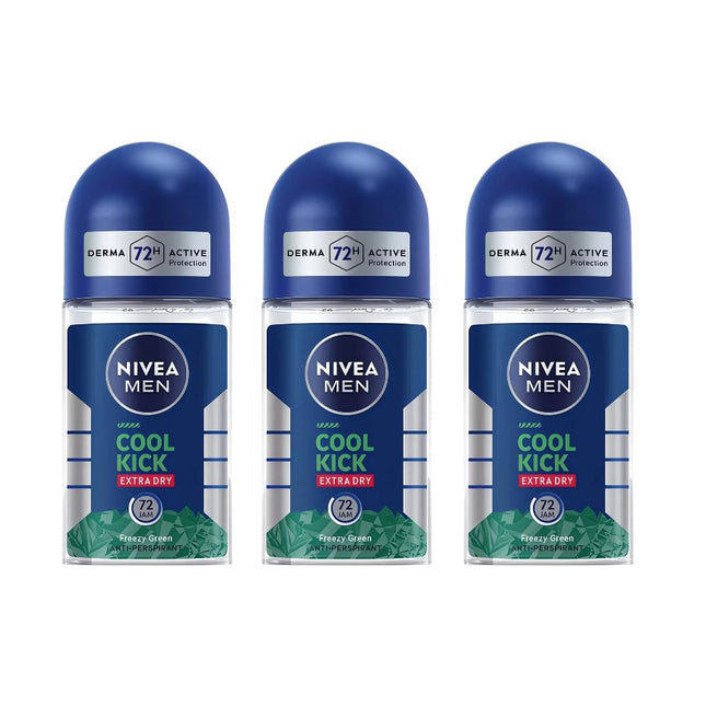 Men Cool Kick Extra Dry Roll-On Deodorant 50ml - Long-Lasting Freshness, Quick-Drying Formula, Gentle on Skin - Pack of 3