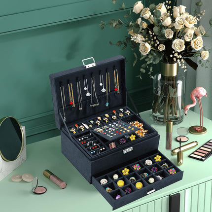 Jewelry Box for Women with Drawer, 3-Layer Large Jewelry Organizer with Lock & Key, 8 Necklace Hooks & 56 Earring Holes, Black Velvet Jewelry Storage Box for Necklaces Earrings Rings Bracelets