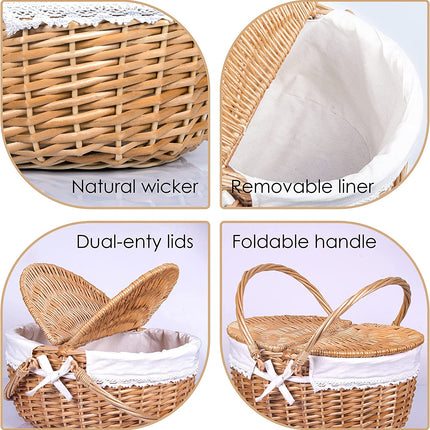 Wicker Picnic Basket with Lid and Handle 15" Sturdy Woven Body with Washable Lining for Easter,Mother'S Day,Outdoor Camping,Not Dyed