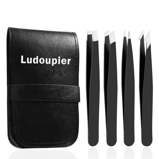 [4+1 Pieces] Tweezers Set with Travel Case, Great Precision Upgrade Professional Anti-Rust Alloy Tweezers for Women & Men Multi-Purpose as Eyebrows Facial Hair Ingrown Hair Removal