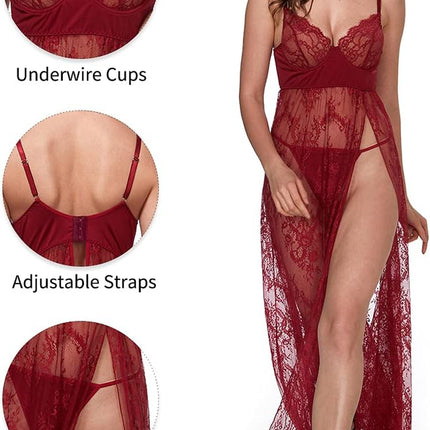 Women Sexy Lingerie Lace High Slit Maxi Long Gown Sheer Dress with Underwire S-4XL