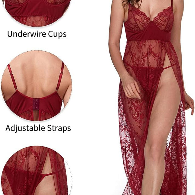 Women Sexy Lingerie Lace High Slit Maxi Long Gown Sheer Dress with Underwire S-4XL