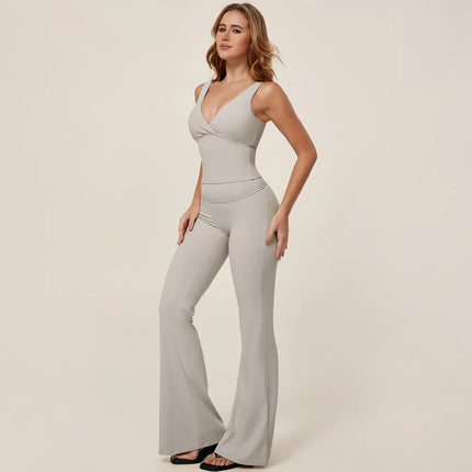 TIMEOFF Women'S 2-Piece Yoga Matching Set - V-Neck Sleeveless Wrap Crop Tank & Fold-Over Dual-Wear Waist Flare Pants, Soft 4-Way Flexible Stretch Fabric, Adjustable Fit for Pilates, Gym, Daily Casual