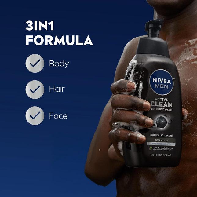 Active Clean 3-in-1 Body Wash with Natural Charcoal for Normal to Oily Skin, 30 Fl Oz