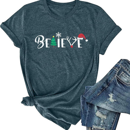Christmas Shirt for Women Believe Letter Print T Shirts Asual Retro Holiday Short Sleeve Pullover Tops Xmas Gift