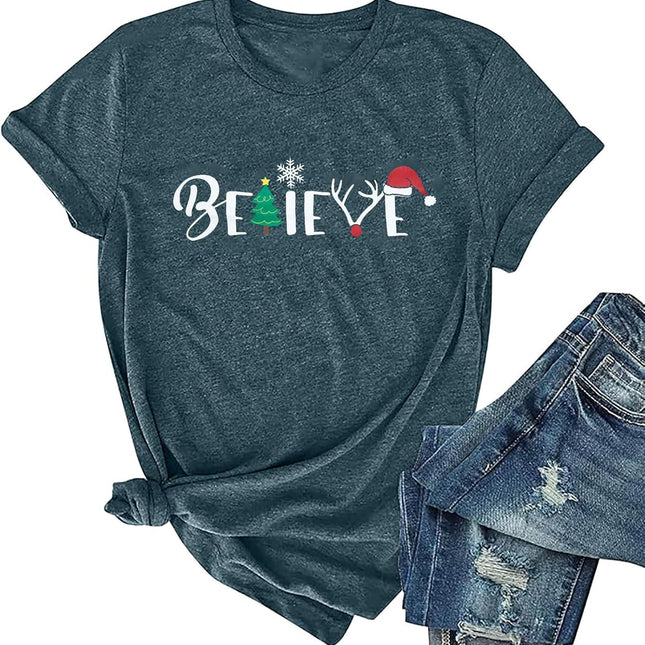 Christmas Shirt for Women Believe Letter Print T Shirts Asual Retro Holiday Short Sleeve Pullover Tops Xmas Gift