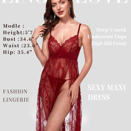 Women Sexy Lingerie Lace High Slit Maxi Long Gown Sheer Dress with Underwire S-4XL