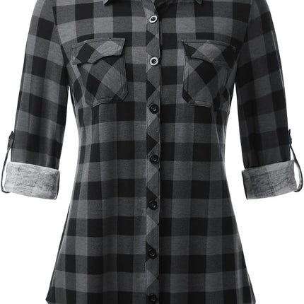 Womens Soft Stretchy Knit Plaid Shirts Roll up Long Sleeve Collared Button down Blouses Tops