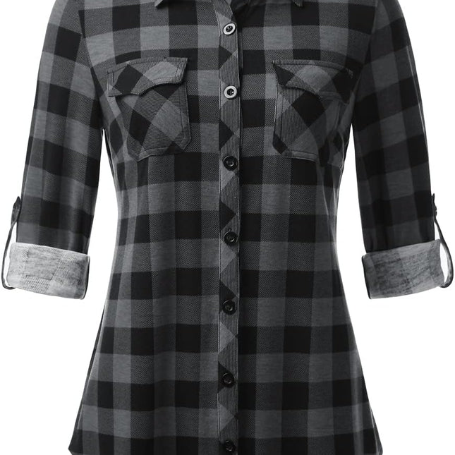 Womens Soft Stretchy Knit Plaid Shirts Roll up Long Sleeve Collared Button down Blouses Tops