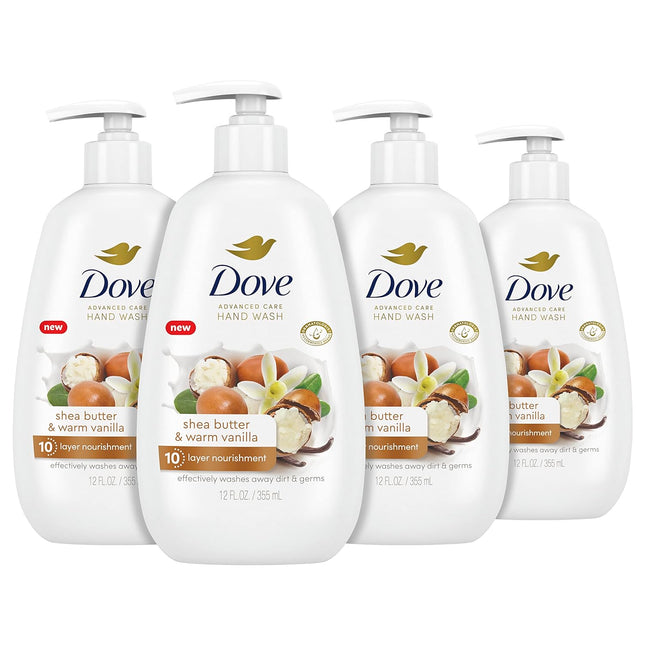 Dove Advanced Care Shea Butter & Warm Vanilla Hand Wash, 4-Pack - 12 Oz Each for Enhanced Moisturization and Soft, Smooth Skin