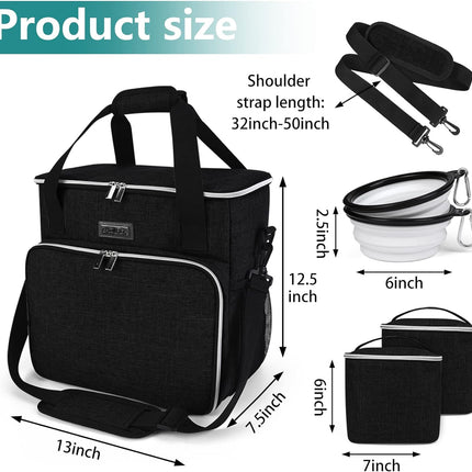 Dog Travel Bag, Pet Travel Bag (ALL Pet Travel Supplies), with 2 Pet Food Containers and 2 Collapsible Silicone Bowls; Essential Kits for Travel Black