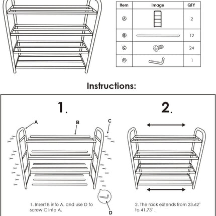 Shoe Rack Organizer for Closet Entryway, 4 Tiers Adjustable Heavy Duty Metal Shoe Storage Shelf, Large Enough for 20+ Pairs of Shoes (23.6"~41.7"X8.9"X24.2")(Silver)