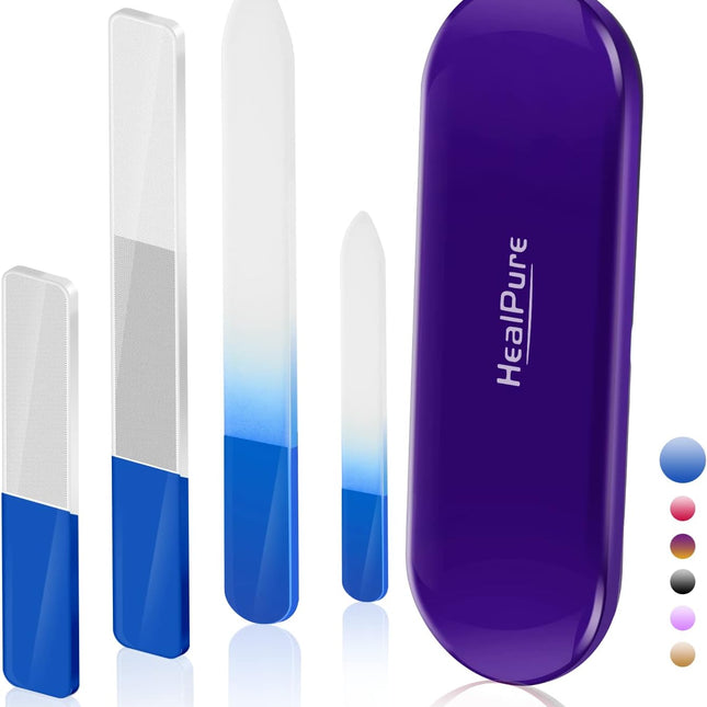 Glass Nail File and Nail Shiner, 4PC Crystal Nail File and Nano Glass Nail Buffer, Premium Set with Case, Professional Manicure Tool Fingernail Czech File for Natural Nail, Gift for Women and Girls