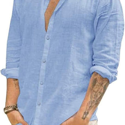 Mens Summer Casual Long Sleeve Cotton Linen Shirts Button up Solid Plain Roll-Up Sleeve Beach T Shirts