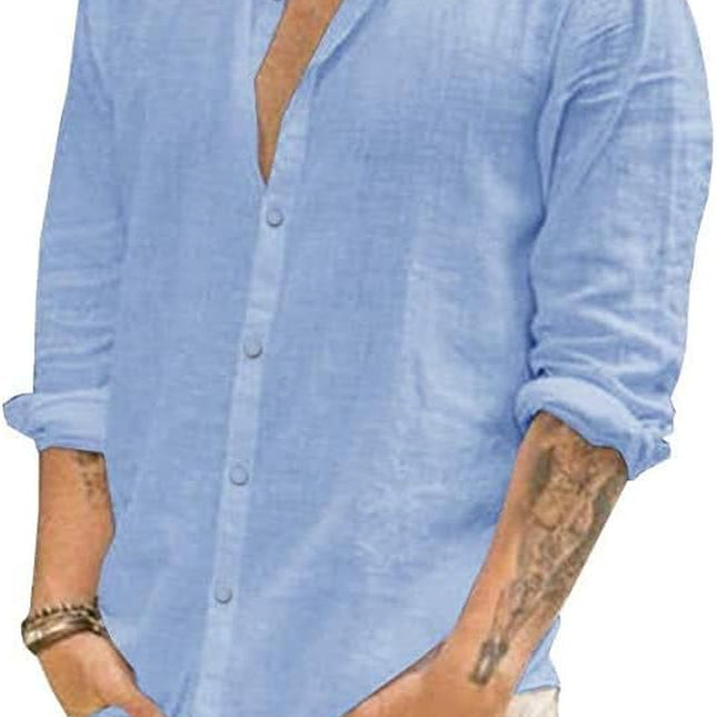Mens Summer Casual Long Sleeve Cotton Linen Shirts Button up Solid Plain Roll-Up Sleeve Beach T Shirts