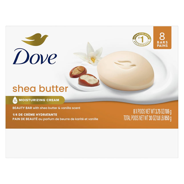 Dove Shea Butter Beauty Bar Soap, 8 Count - Nourishing Cleanser with ¼ Moisturizing Cream and Shea Butter for Soft, Radiant Skin, 3.75 Oz Each