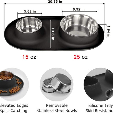 Double Dog Cat Bowls 2 Stainless Steel with No Spill Non-Skid Silicone Mat, Pet Food Water Feeder Bowl for Small Medium Large Dogs, Puppies, and Pets
